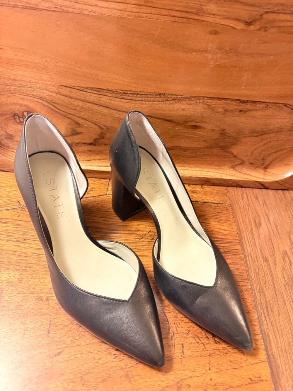 1STATE Black Pointed-Toe D'Orsay Block Heel Pumps